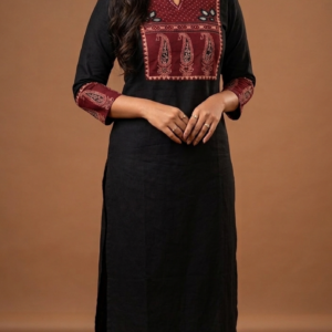 Black Cotton Suit Set with Mirror Work Yoke