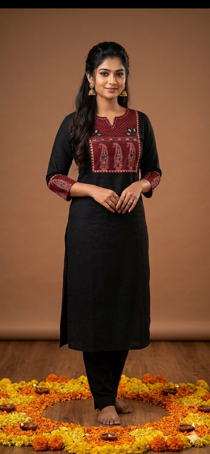 Black Cotton Suit Set with Mirror Work Yoke