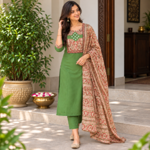 Green Cotton Suit Set with Kalamkari Dupatta