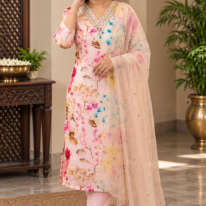 Pastel Floral Organza Silk Suit Set