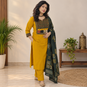 Mustard Yellow Cotton Mirror Work Suit Set