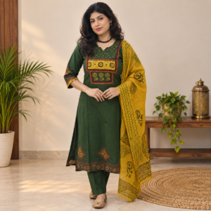 Dark Green Cotton Salwar Kameez Set with Mustard Dupatta