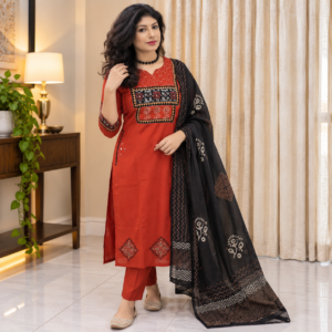 Rust Red Cotton Salwar Kameez Set