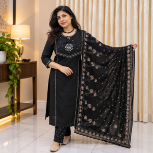 Black Jaipur Cotton Suit Set with Foil Mirror Work