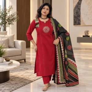 Elegant Red Cotton Salwar Suit Set