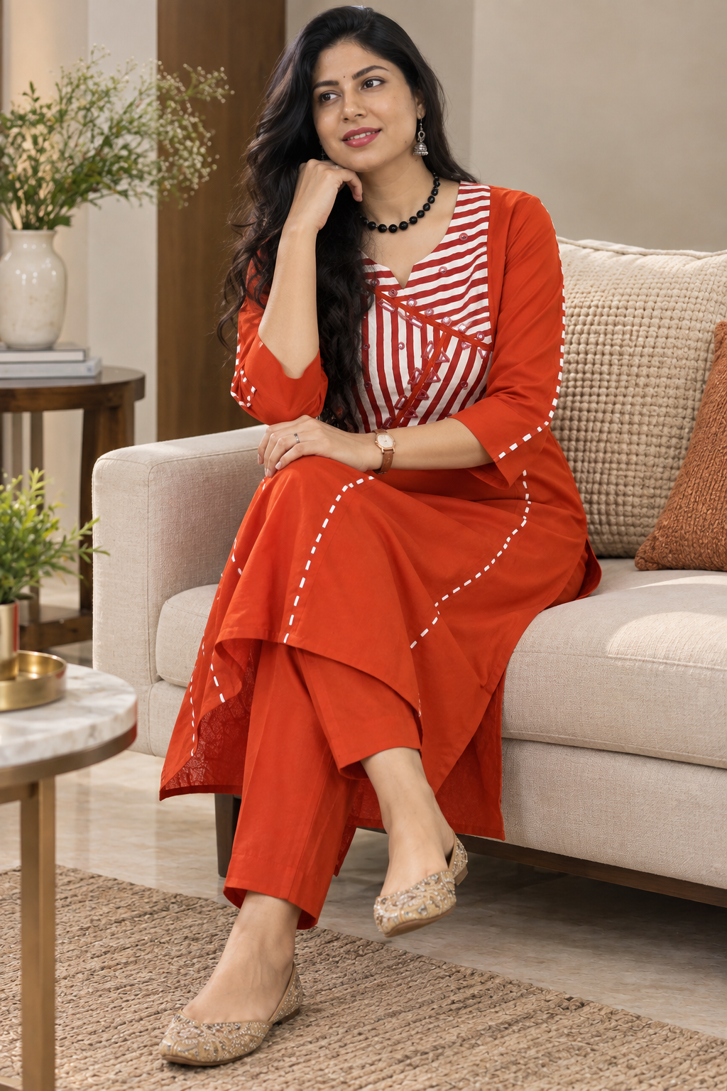 Orange & Beige Cotton coord set - Image 3