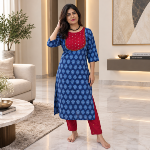 Pure Ajrakh Cotton Top with Lining & Embroidered Contrast Yoke