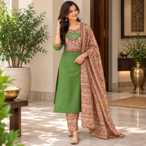 Green Cotton Suit Set with Kalamkari Dupatta