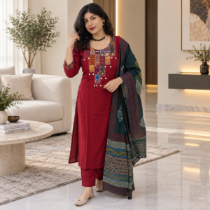Pure Cotton Embroidered Kurta Set with Printed Dupatta