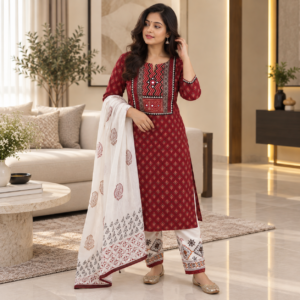 Maroon Cotton Suit Set with Mirror Work