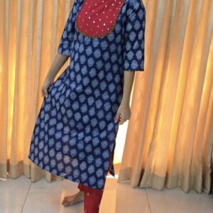Pure Ajrakh Cotton Top with Lining & Embroidered Contrast Yoke