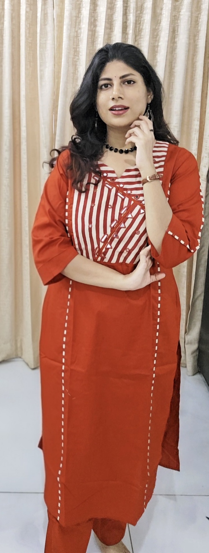 Orange & Beige Cotton coord set - Image 4