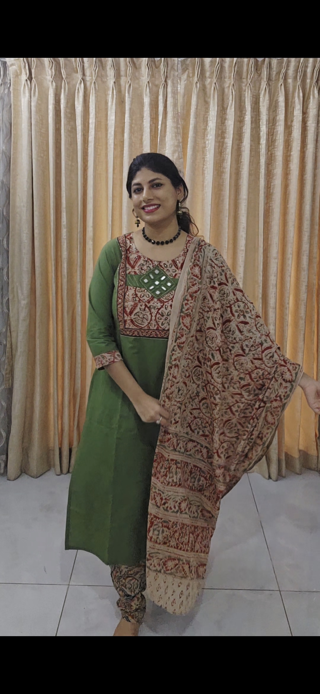 Green Cotton Suit Set with Kalamkari Dupatta - Image 5