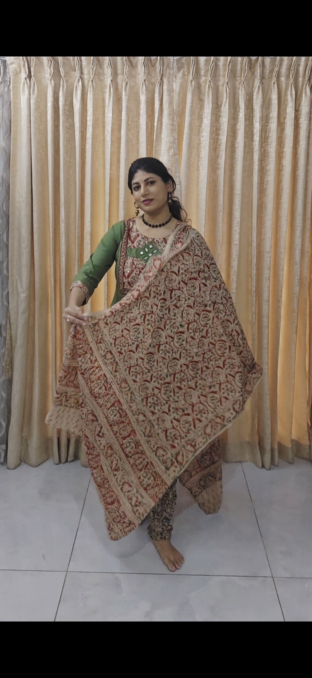Green Cotton Suit Set with Kalamkari Dupatta - Image 6