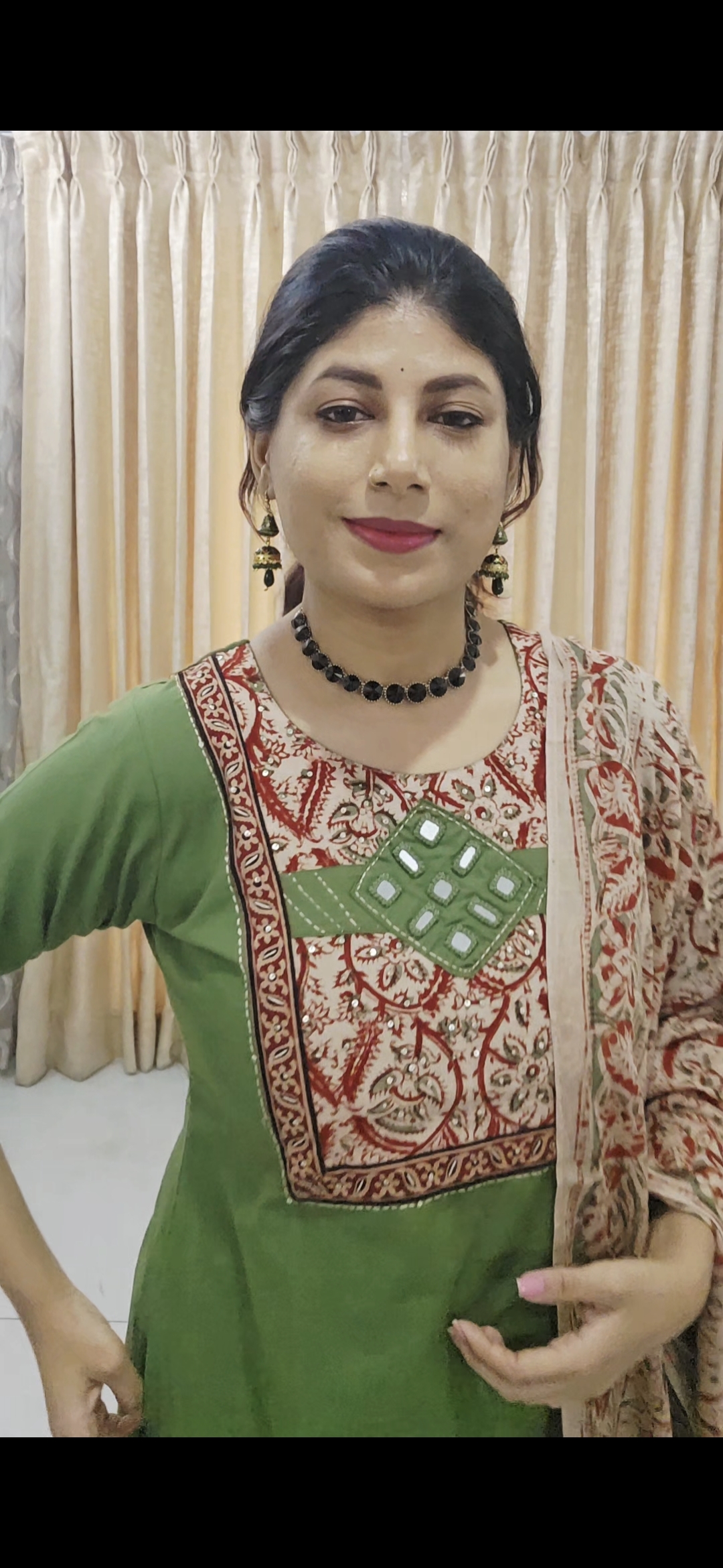Green Cotton Suit Set with Kalamkari Dupatta - Image 7