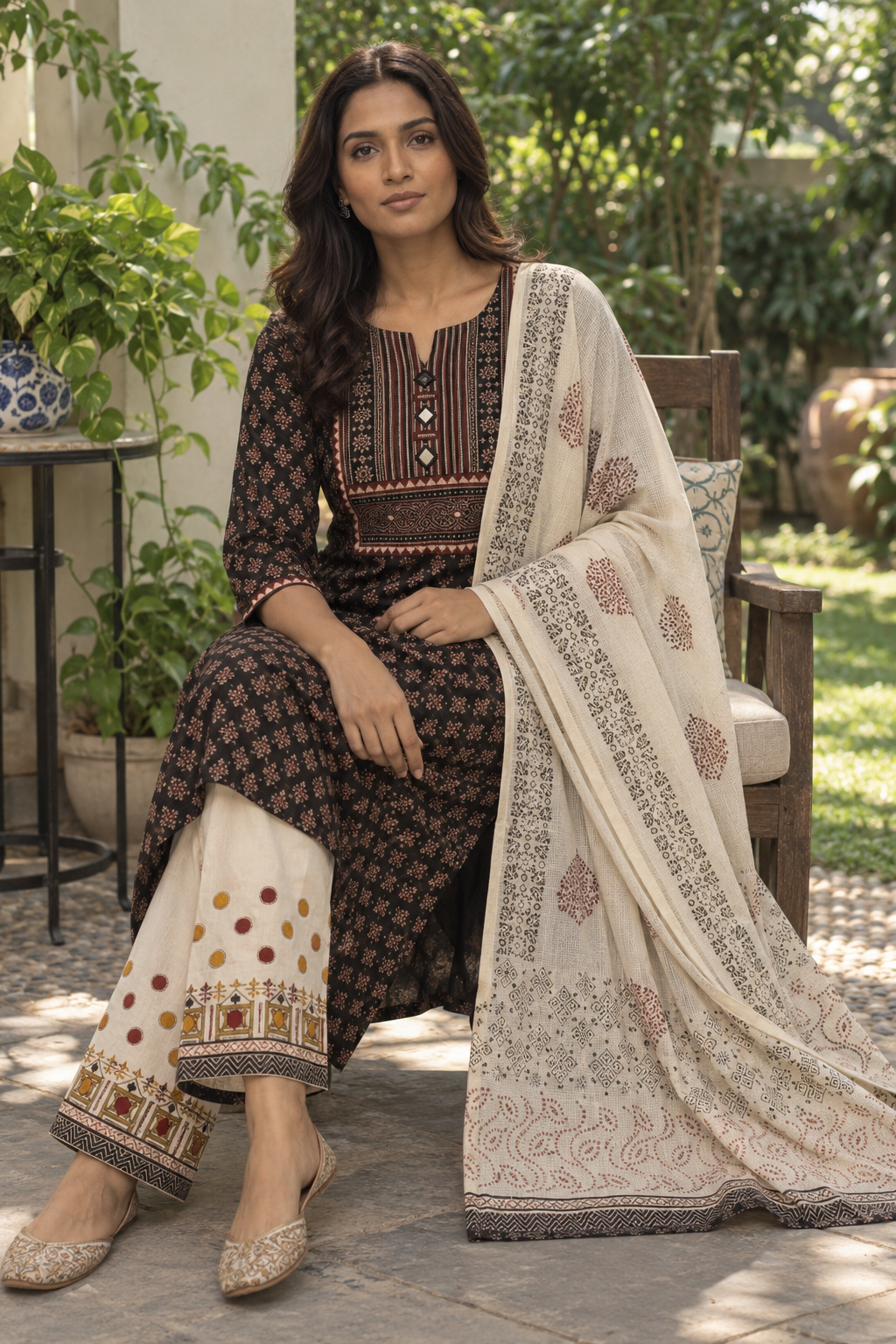 Elegant black cotton suit with kota dupatta - Image 2