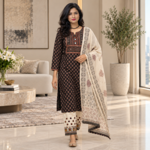 Elegant black cotton suit with kota dupatta