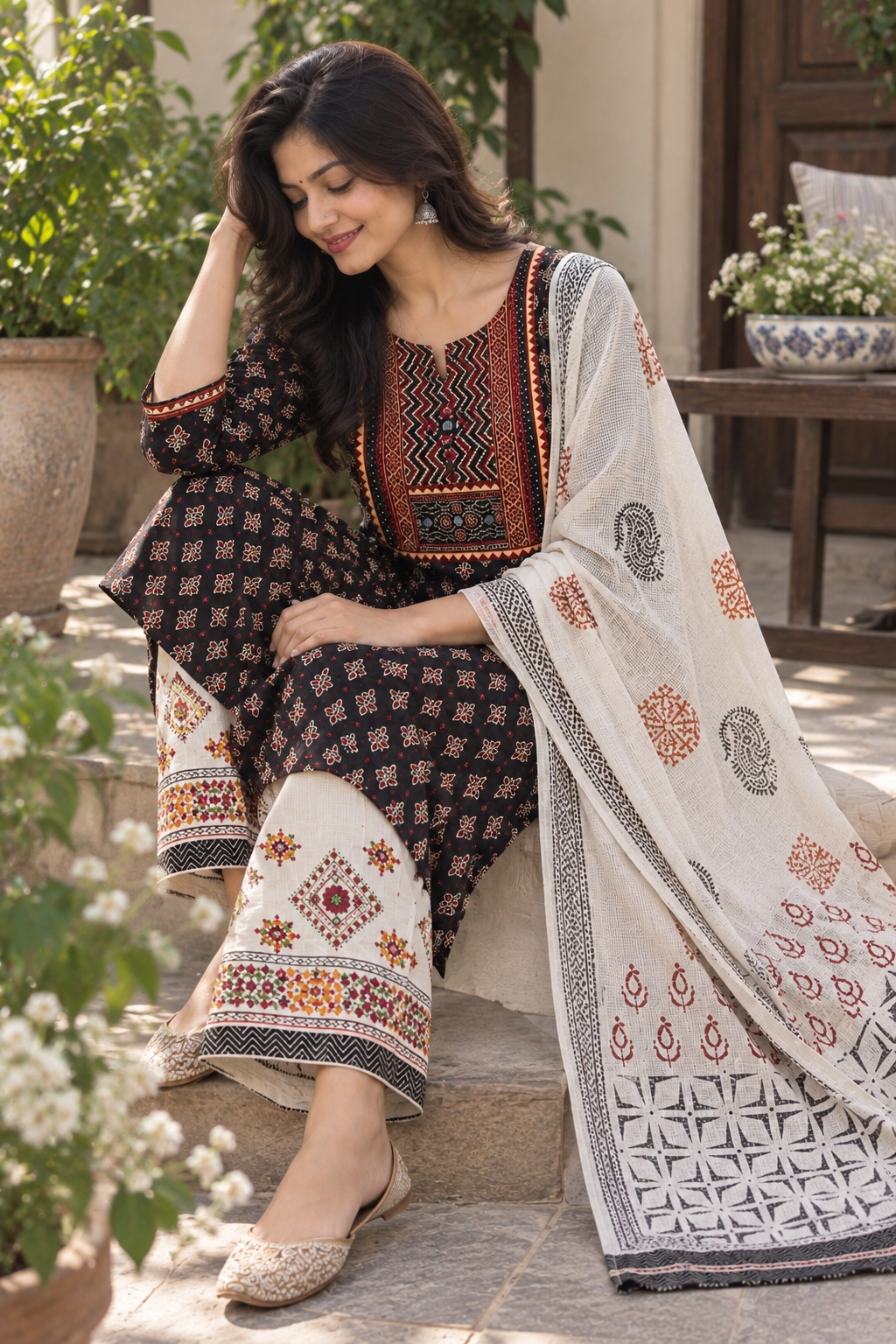 Elegant black cotton suit with kota dupatta - Image 2