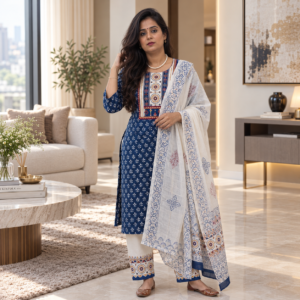 Blue Cotton Kurta Set with Embroidered Kota Dupatta (Copy)