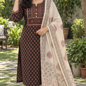 Elegant black cotton suit with kota dupatta